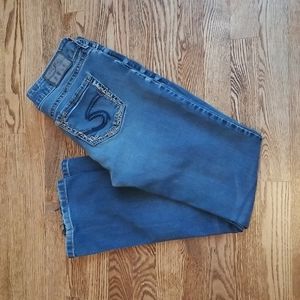(28W/33L) Silver Jeans Co. Elyse Mid Slim Baby Bootcut Cotton Blend Denim